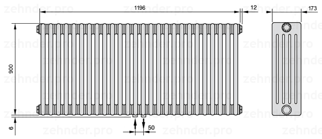 Схема (чертеж) Радиатор Zehnder Charleston 5090/26 №3470 Белый глянцевый RAL 9016